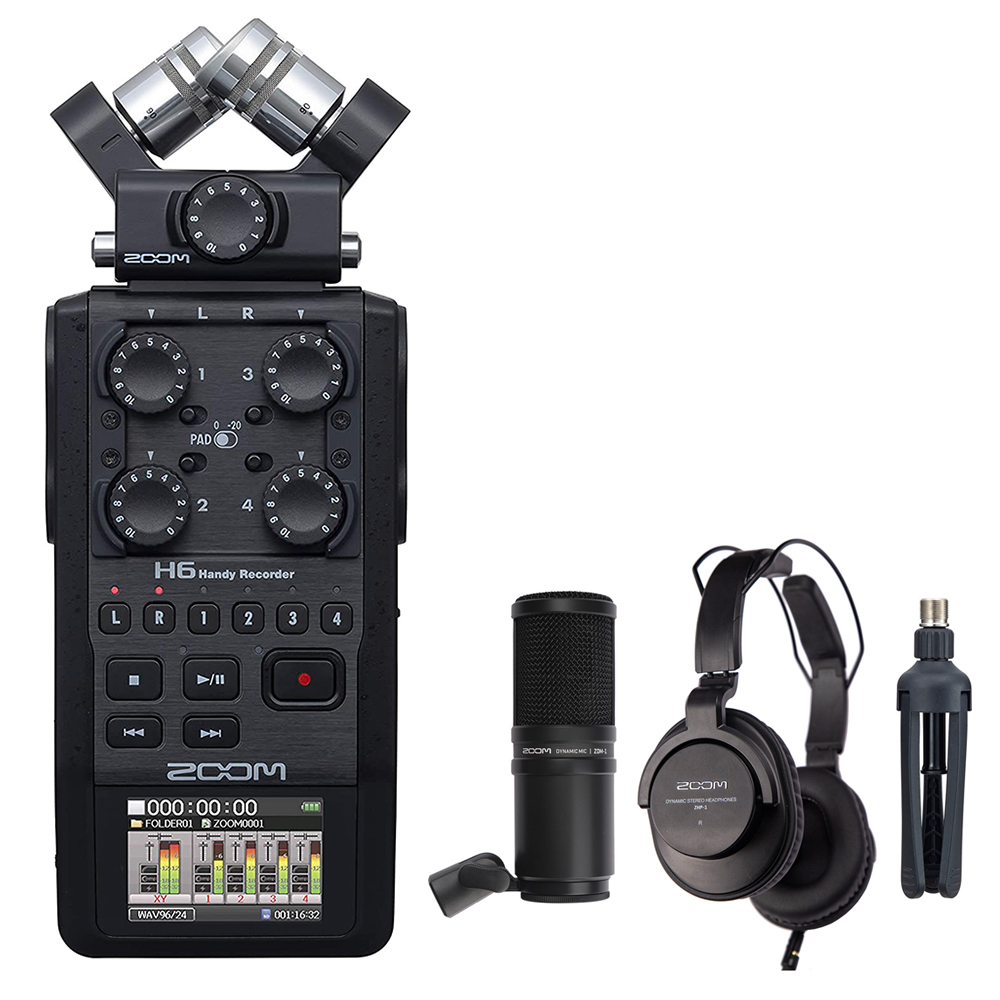 Zoom H6 All Black 6-Input /6-Track Portable Handy Recorder with Single Mic  Capsule + Headphones + Dynamic Microphone + 32GB Memory Card + Batteries  and Charger + Accesories 